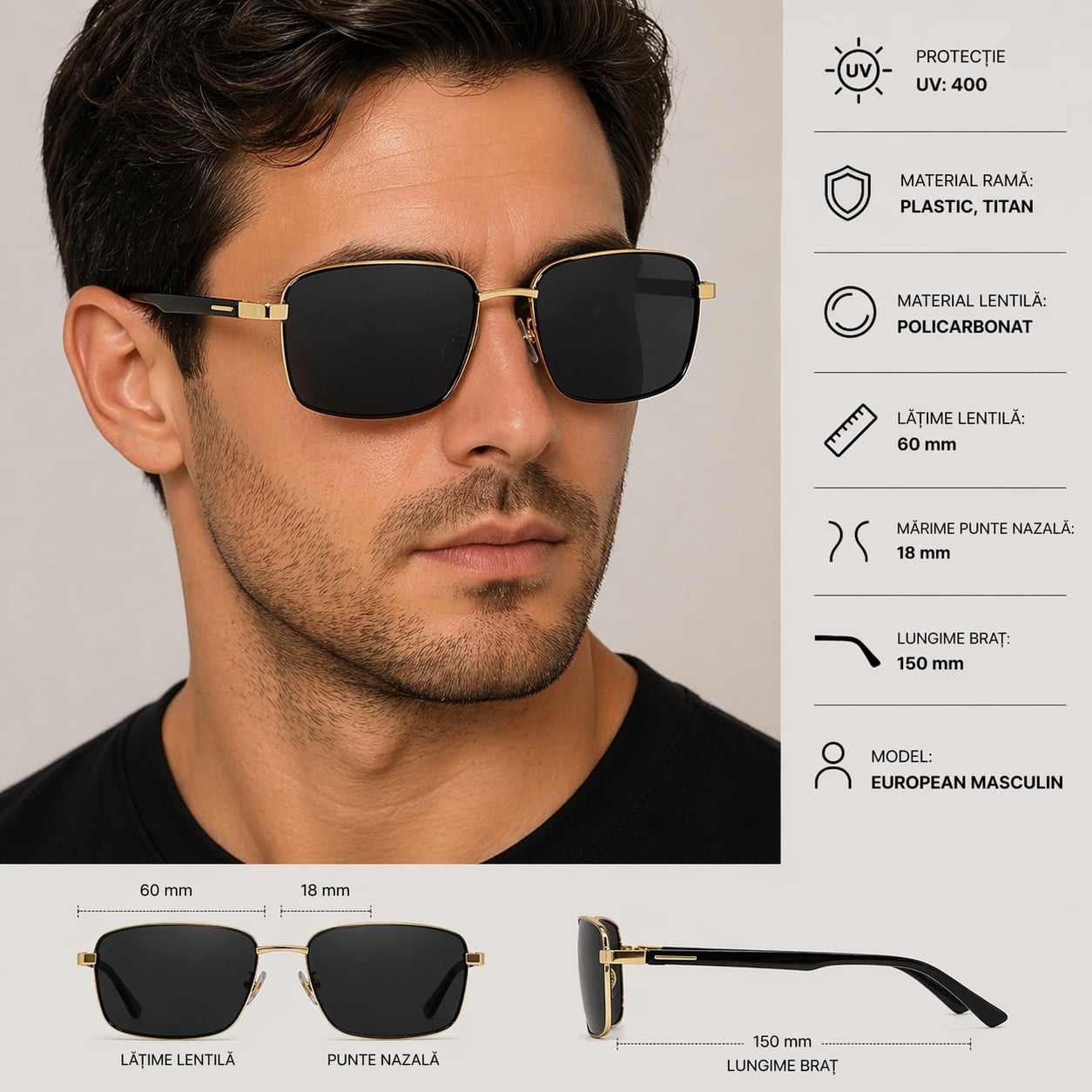 Ochelari de soare pentru barbati, SG068, Negru/Auriu - poza 2