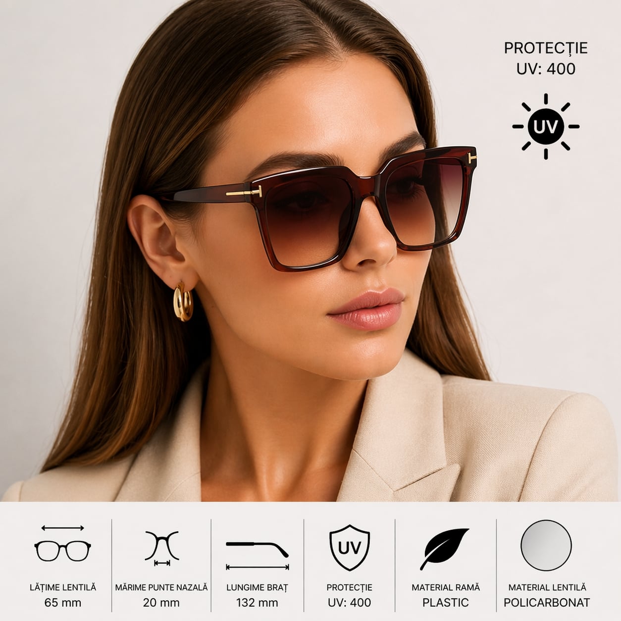 Ochelari de soare pentru femei, SG072, Maro - poza 2
