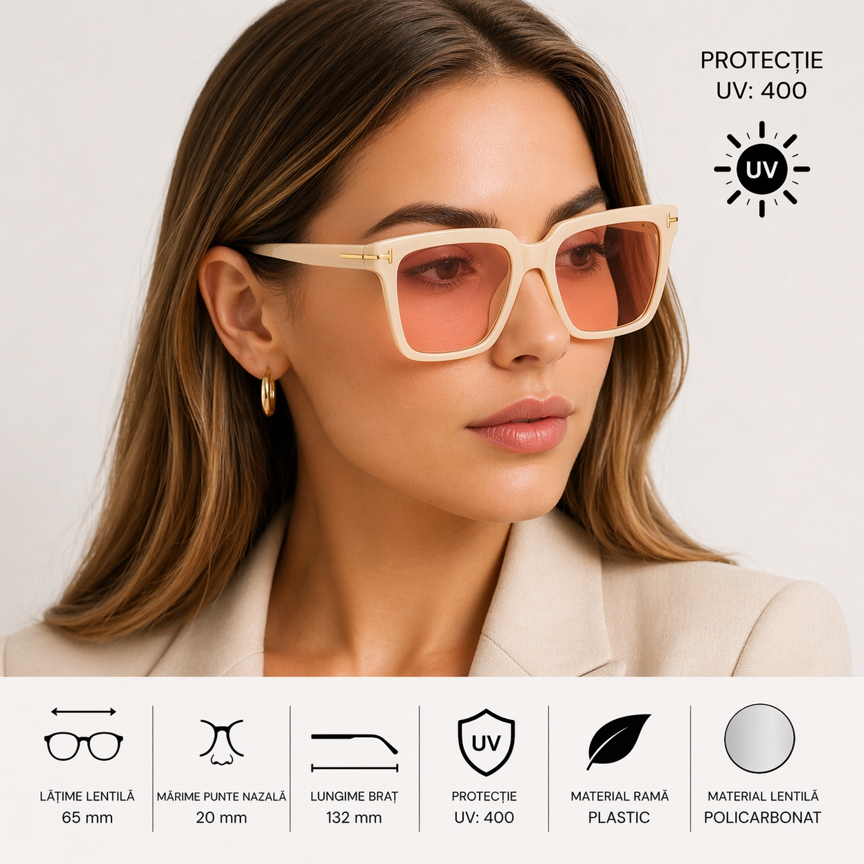 Ochelari de soare pentru femei, SG073, Crem - poza 2