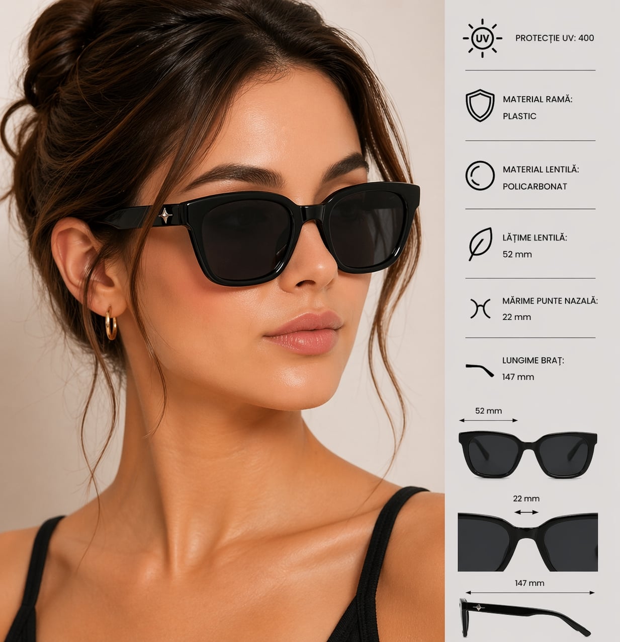Ochelari de soare pentru femei, SG077, Negru - poza 2