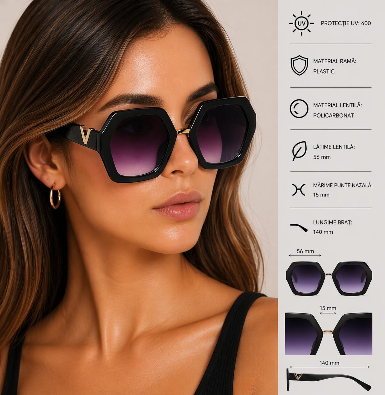 Ochelari de soare pentru femei, SG103, Negru - poza 2