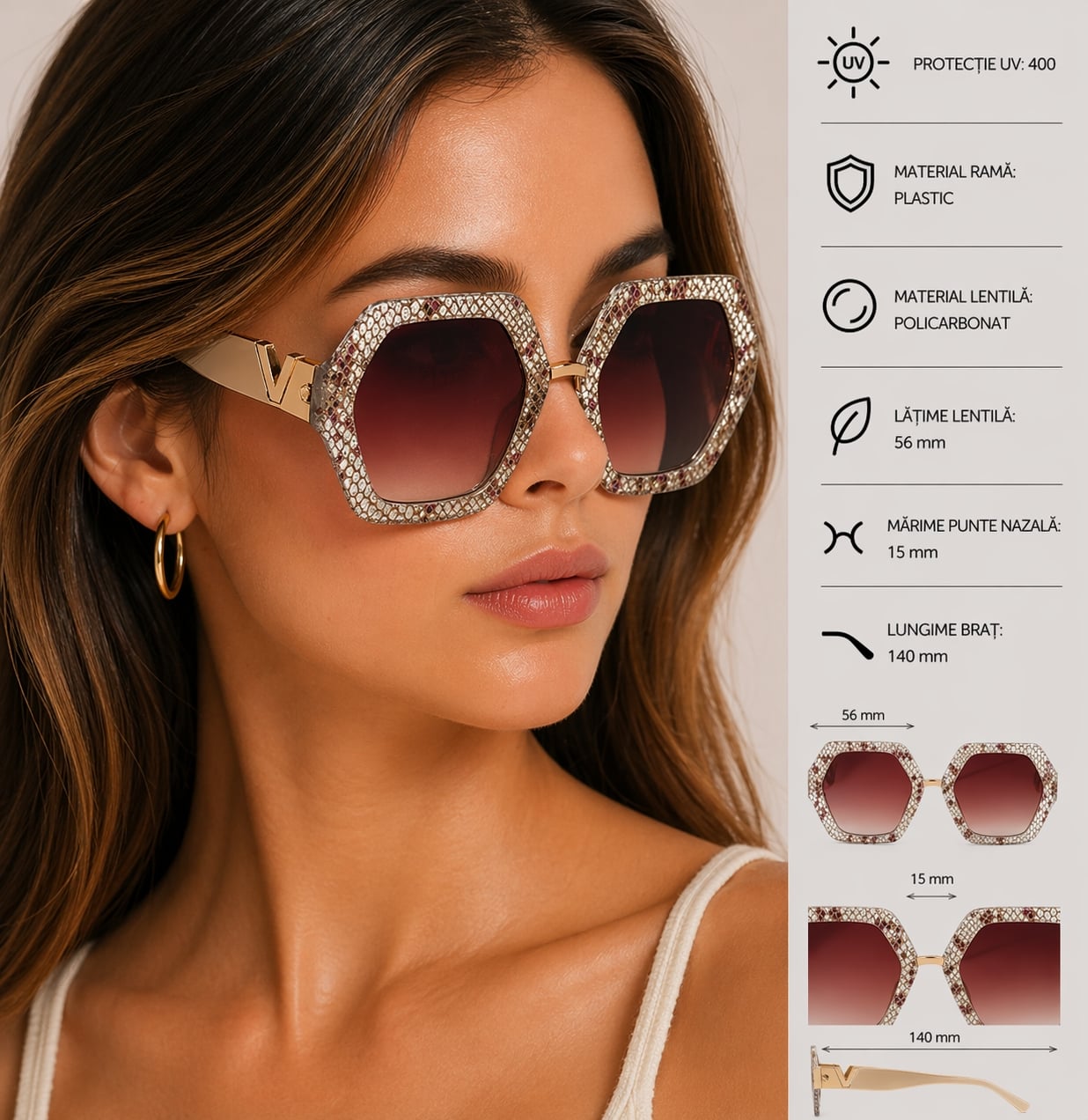 Ochelari de soare pentru femei, SG108, Crem - poza 2