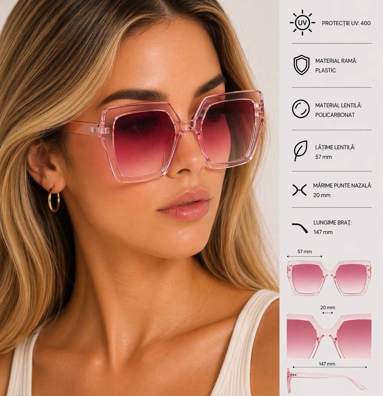 Ochelari de soare pentru femei, SG110, Roz - poza 2