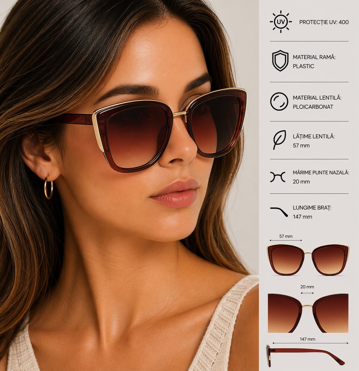 Ochelari de soare pentru femei, SG112, Maro - poza 2