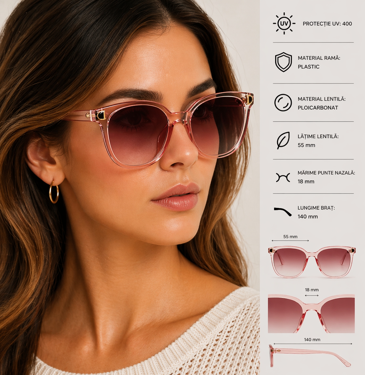 Ochelari de soare pentru femei, SG117, Roz - poza 2