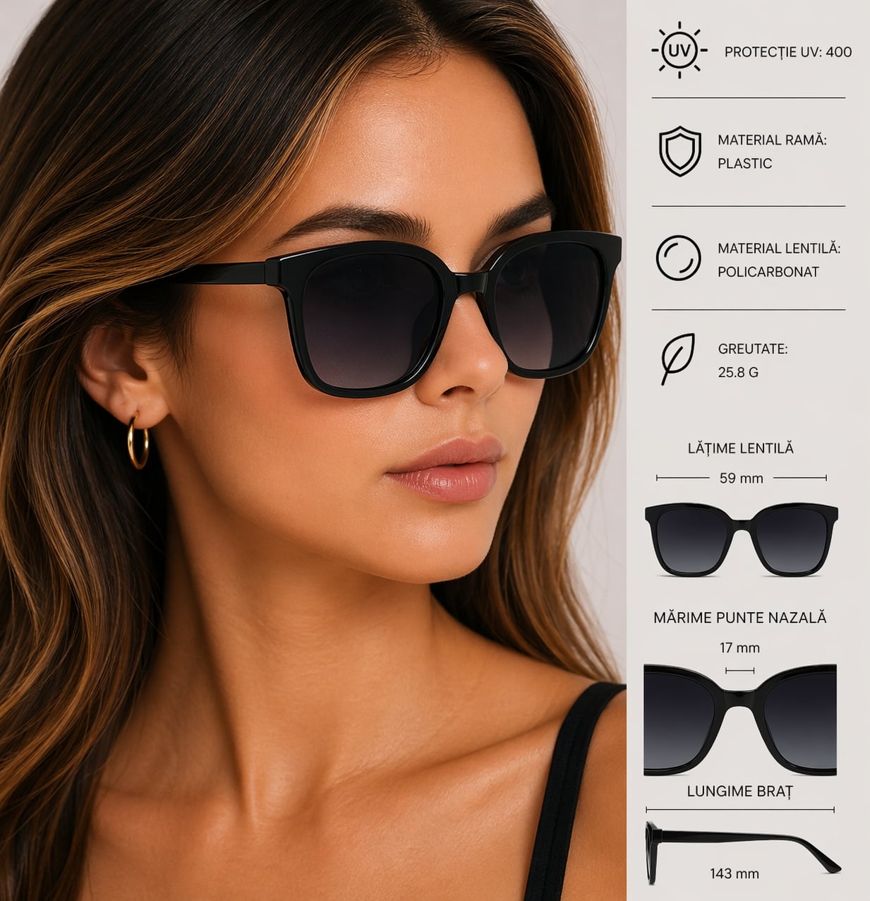 Ochelari de soare pentru femei, SG124, Negru - poza 2