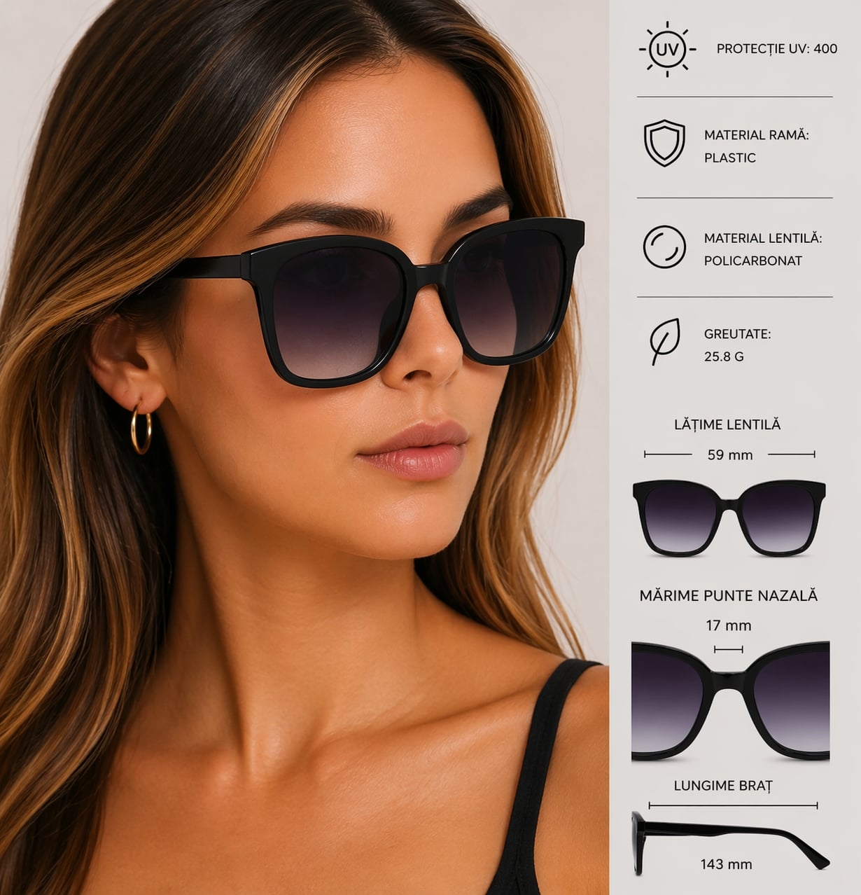 Ochelari de soare pentru femei, SG125, Negru/Gri - poza 2