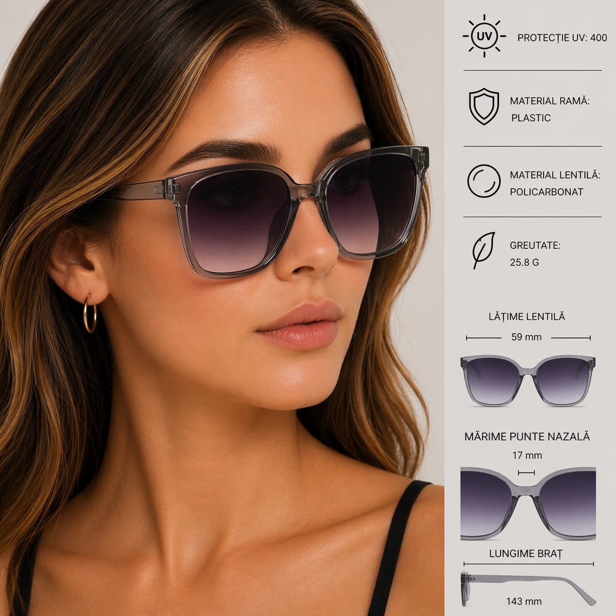 Ochelari de soare pentru femei, SG127, Gri - poza 2