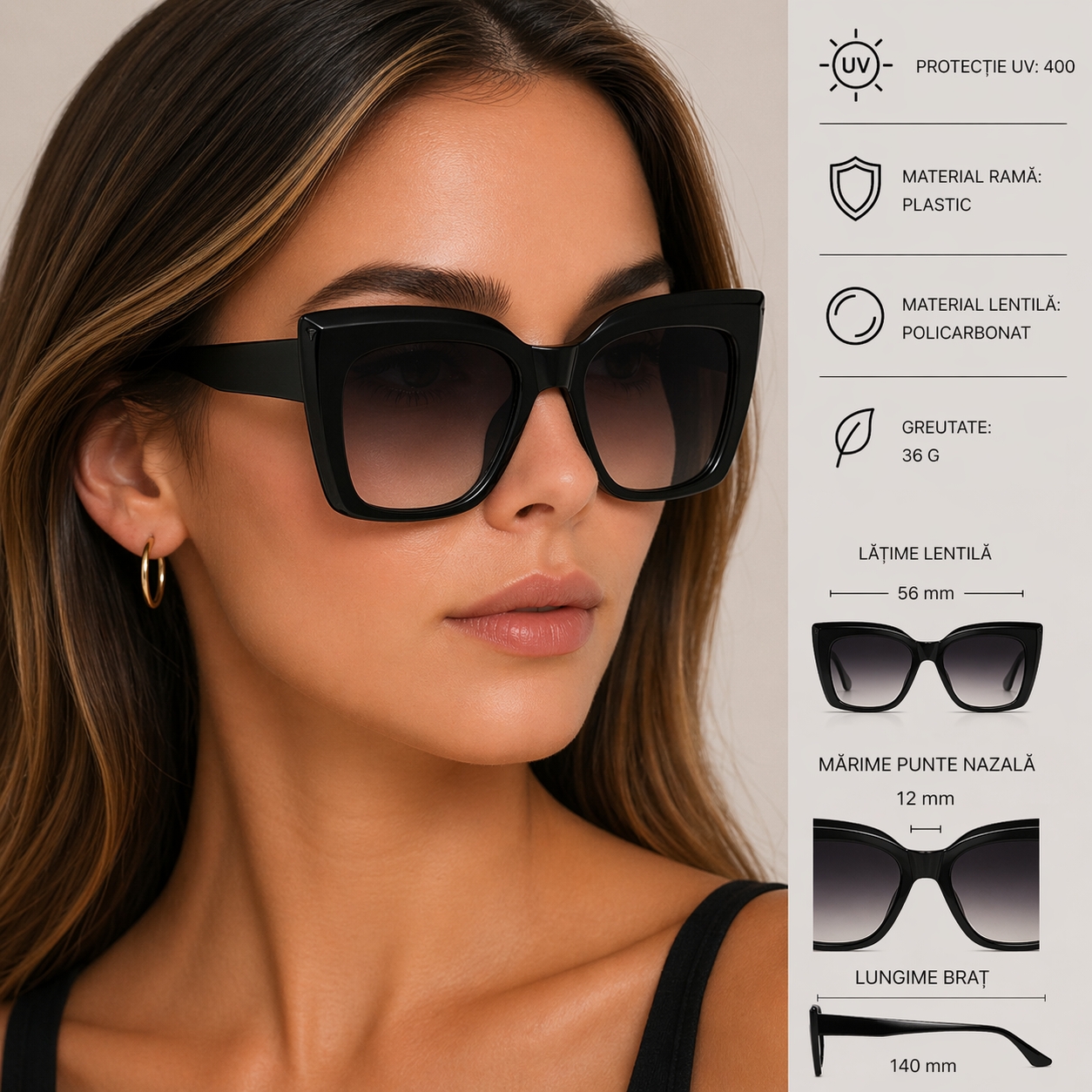 Ochelari de soare pentru femei, SG130, Negru - poza 2