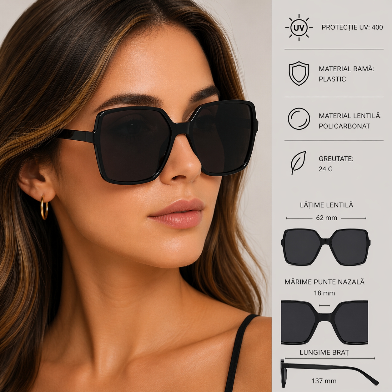 Ochelari de soare pentru femei, SG138, Negru - poza 2