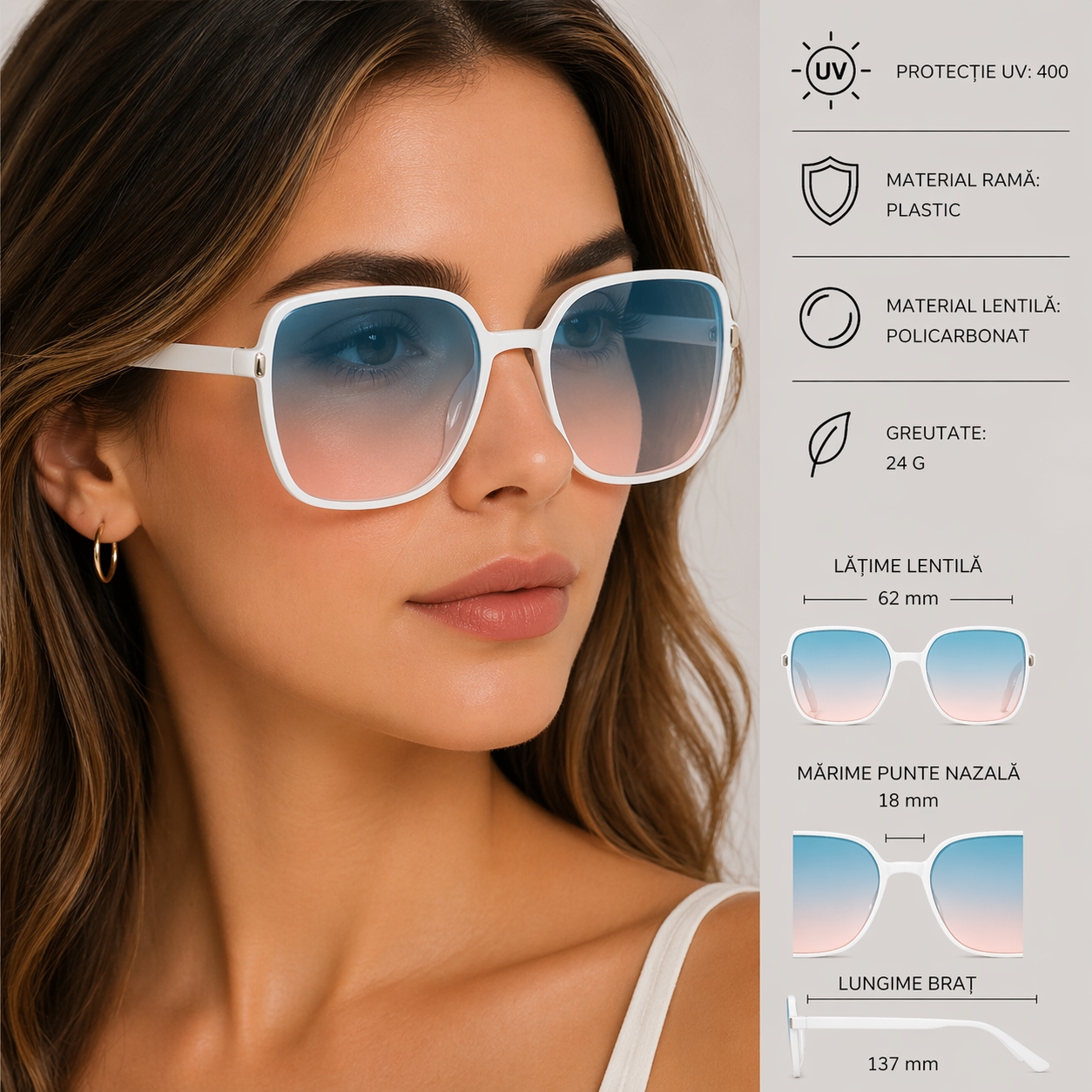 Ochelari de soare pentru femei, SG139, Alb/Albastru - poza 2