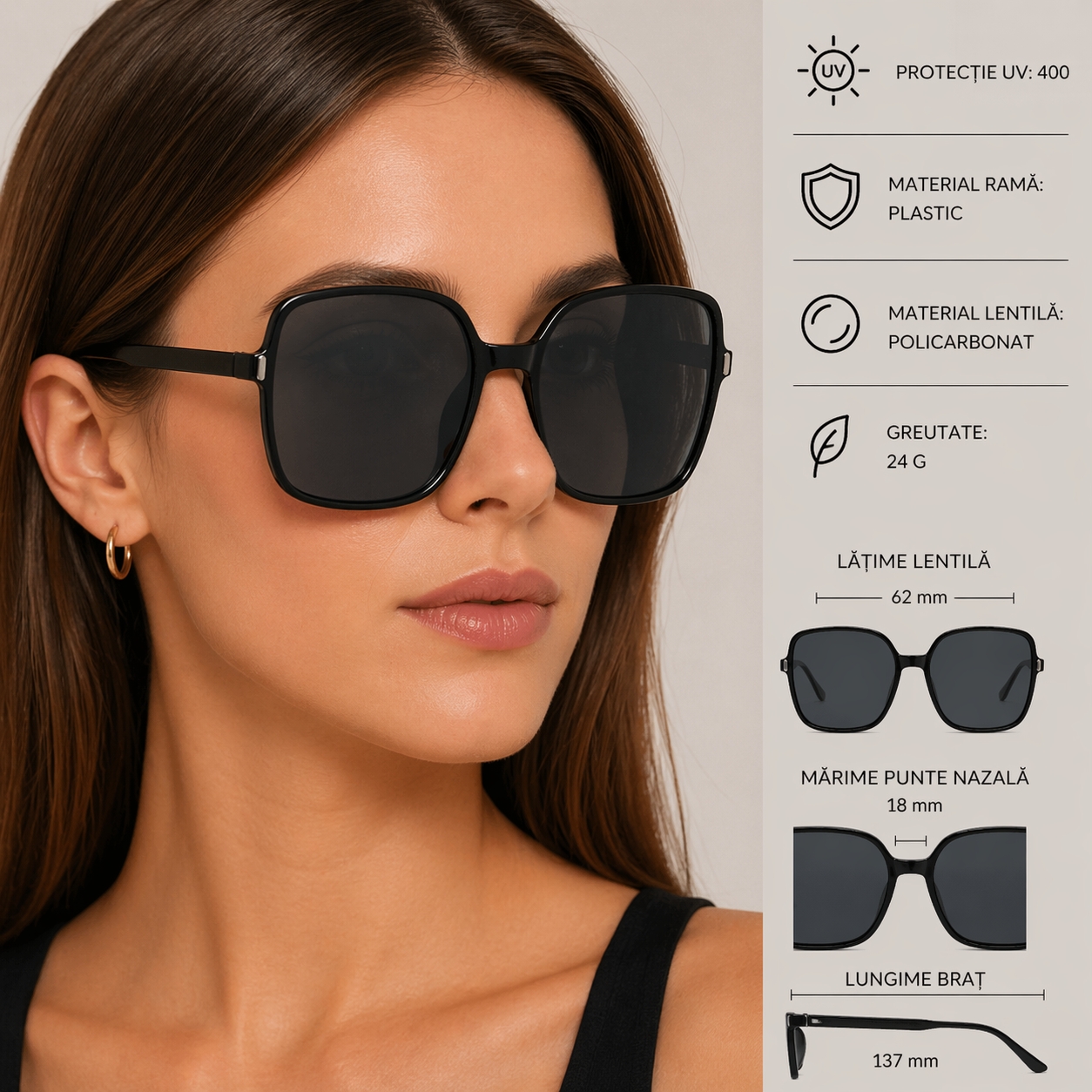 Ochelari de soare pentru femei, SG142, Negru - poza 2