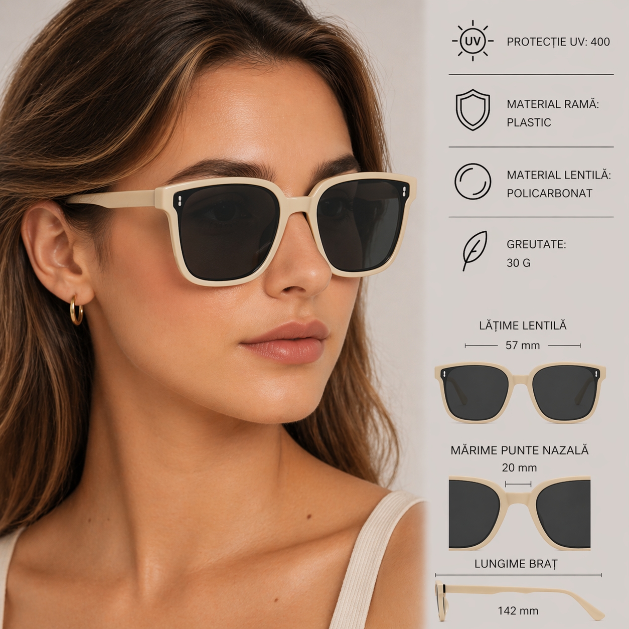 Ochelari de soare pentru femei, SG152, Crem - poza 2