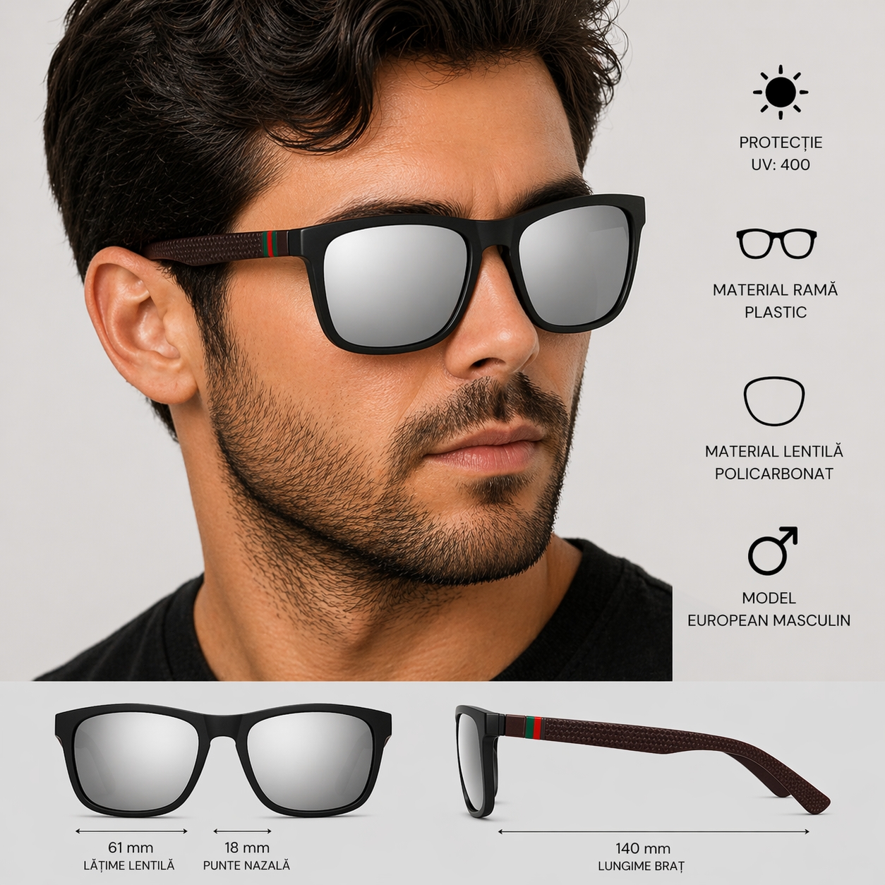 Ochelari de soare unisex, SG013, Negru/Maro - poza 3