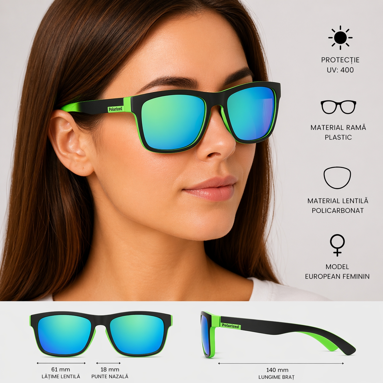 Ochelari de soare unisex, SG019, Negru/Verde - poza 2