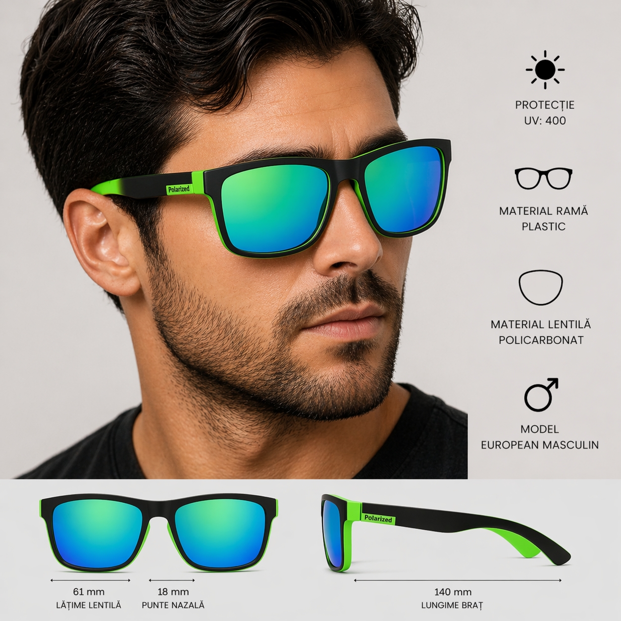 Ochelari de soare unisex, SG019, Negru/Verde - poza 3
