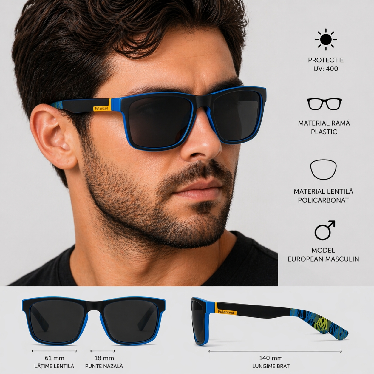 Ochelari de soare unisex, SG020, Negru/Albastru - poza 3
