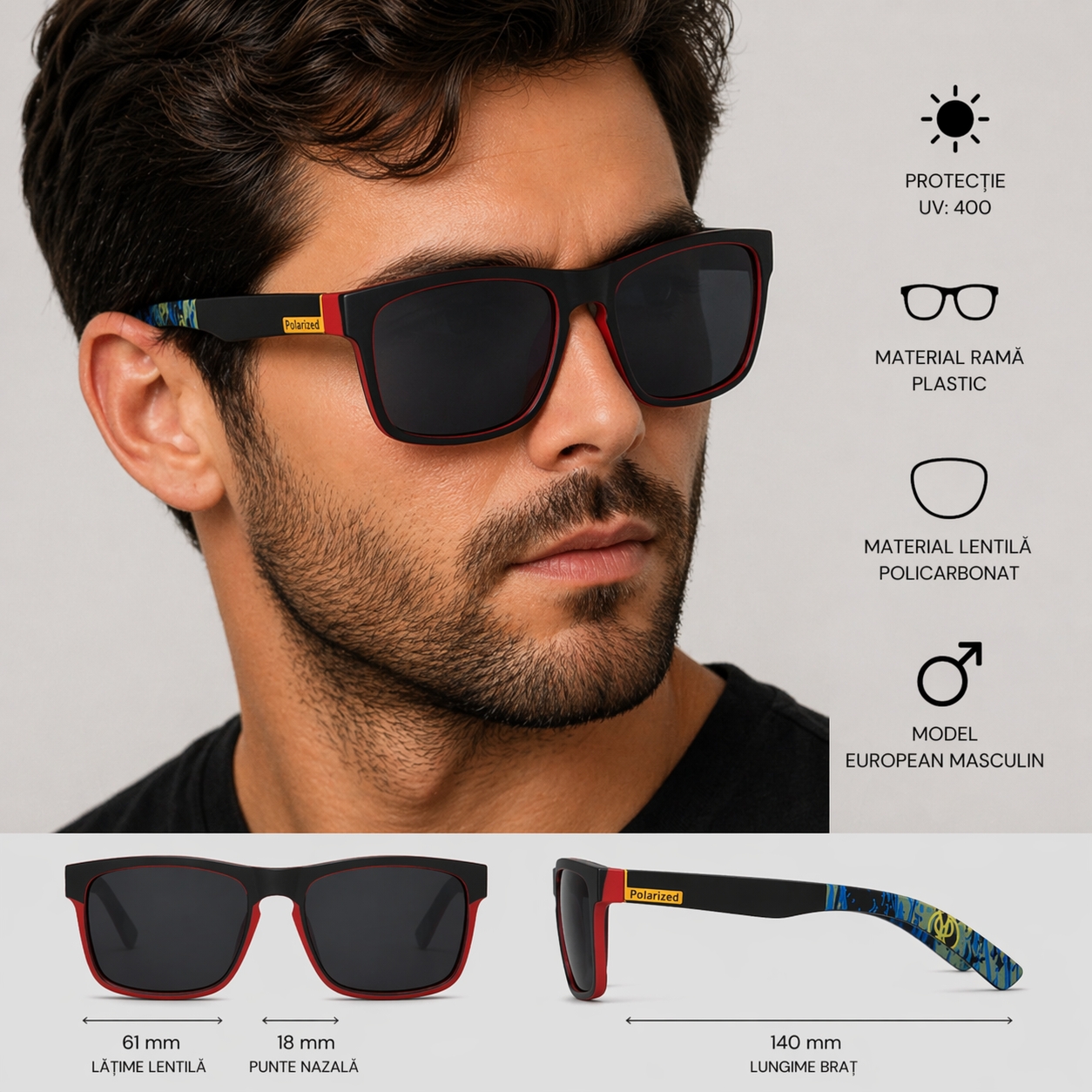 Ochelari de soare unisex, SG021, Negru/Rosu - poza 3