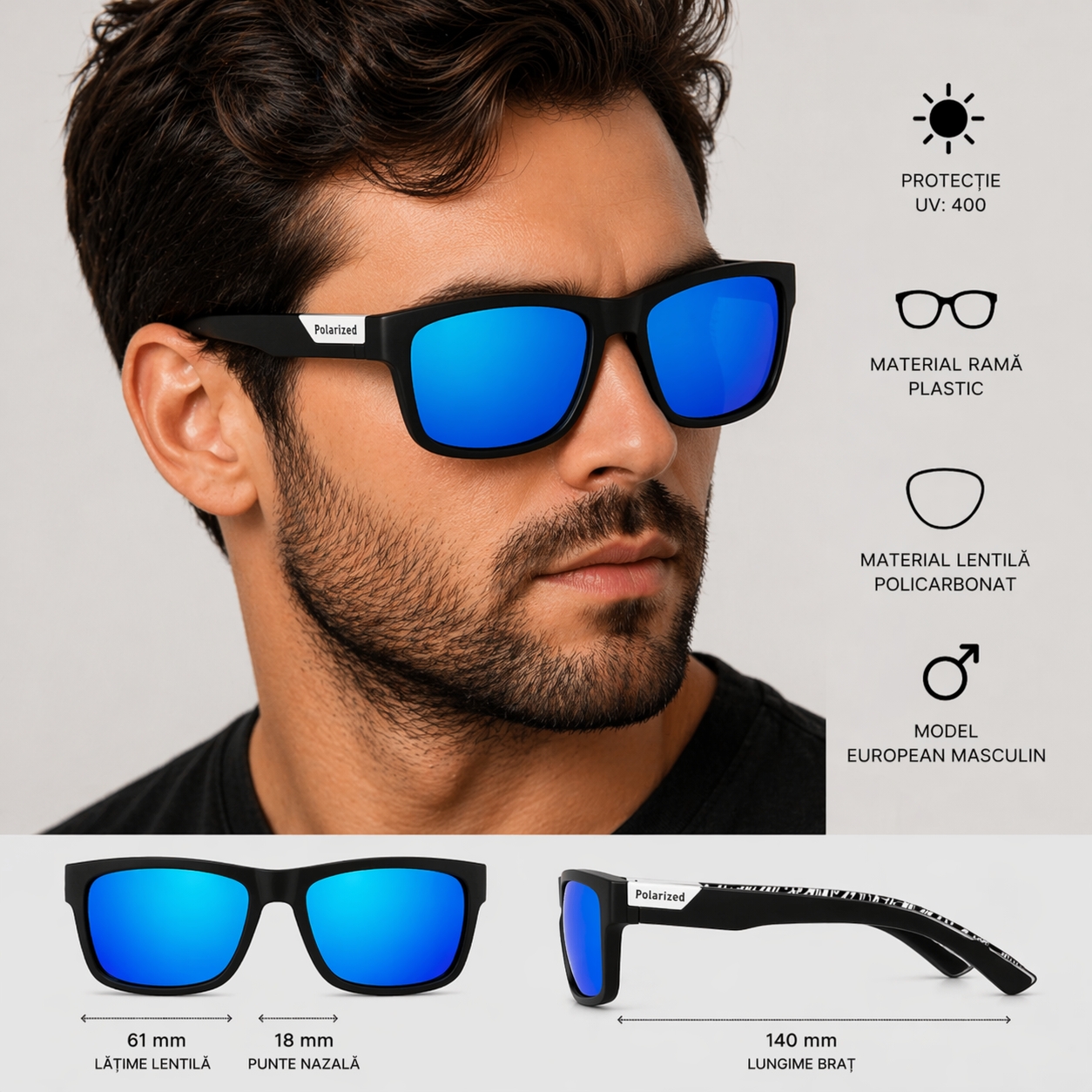 Ochelari de soare unisex, SG024, Negru - poza 3