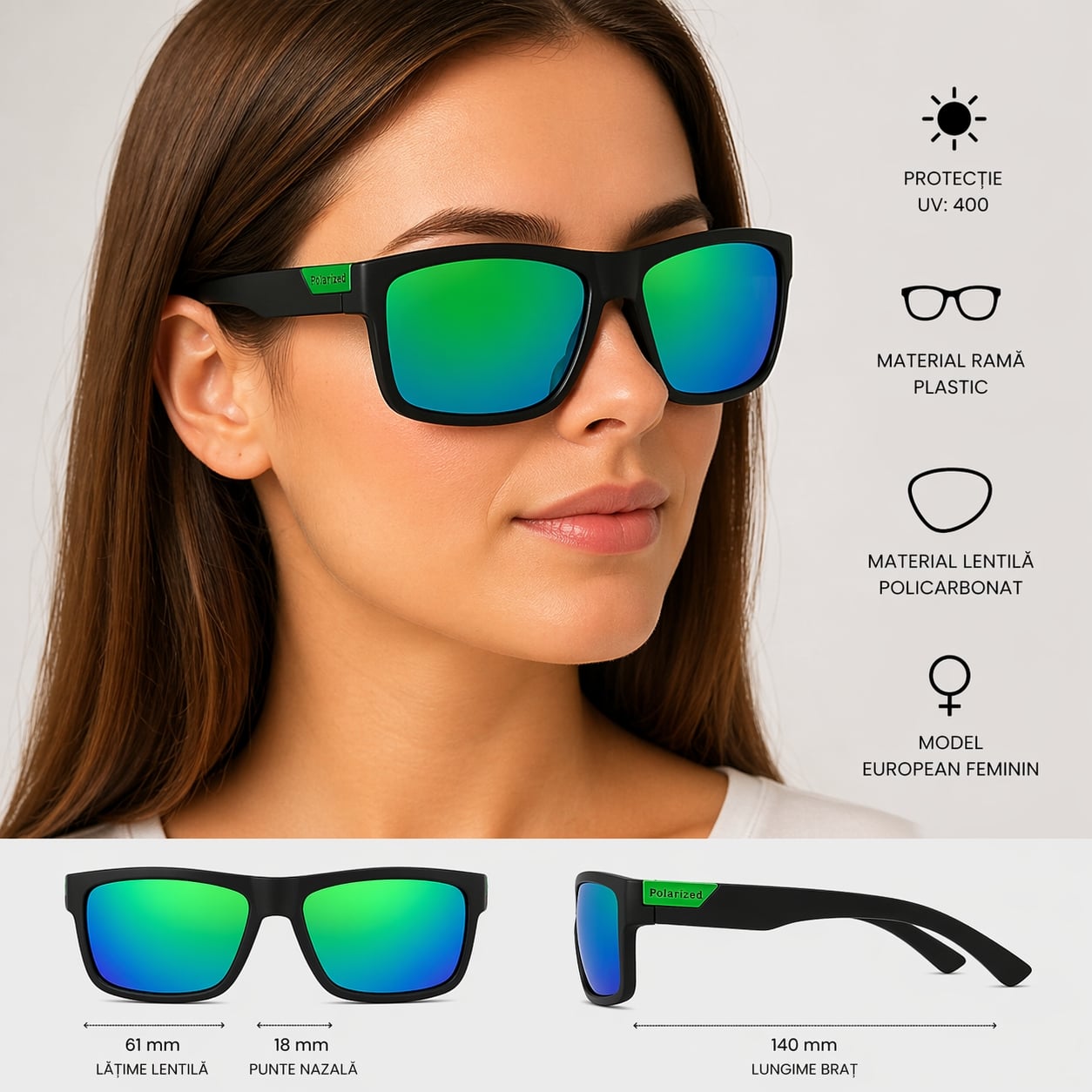 Ochelari de soare unisex, SG025, Negru/Verde - poza 2