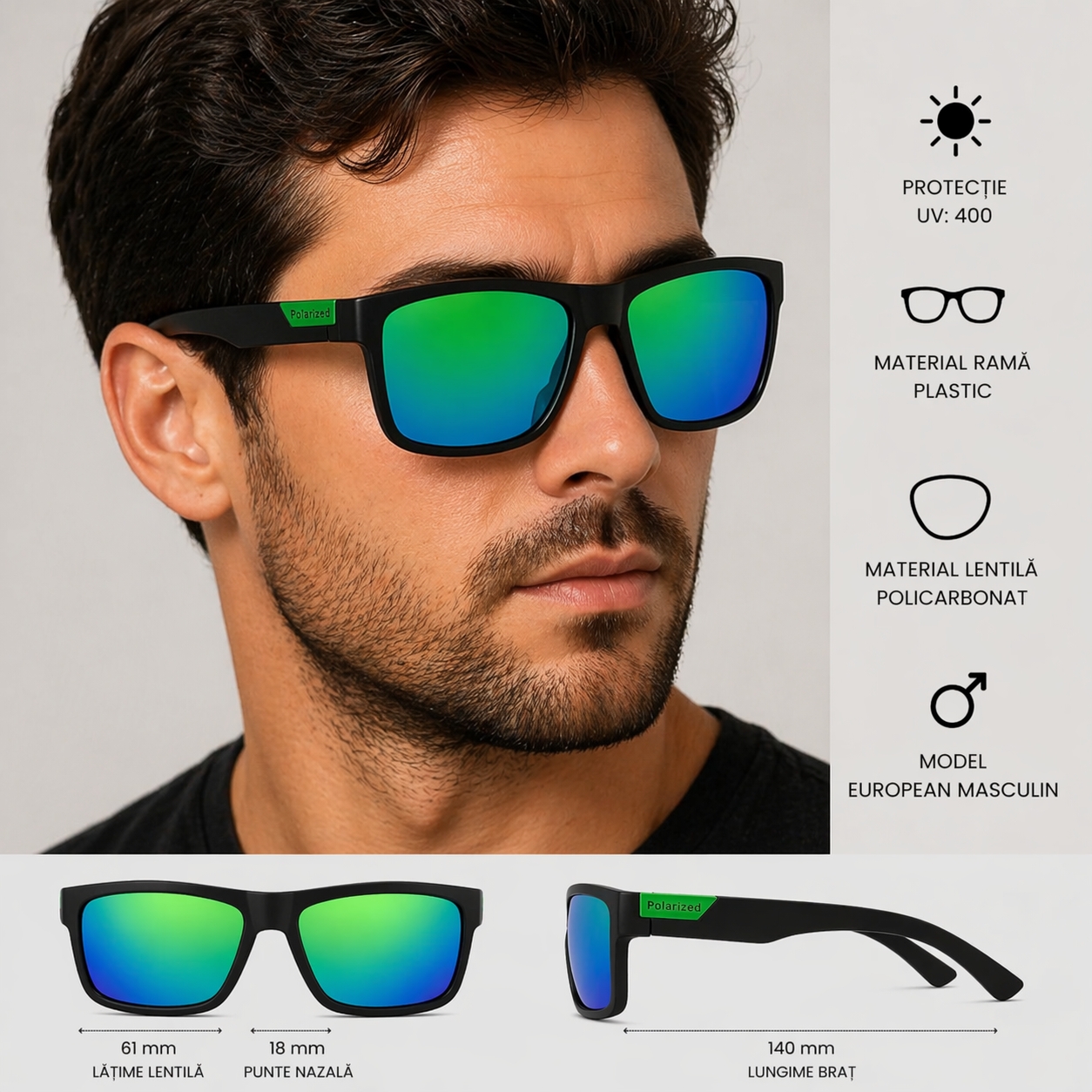Ochelari de soare unisex, SG025, Negru/Verde - poza 3