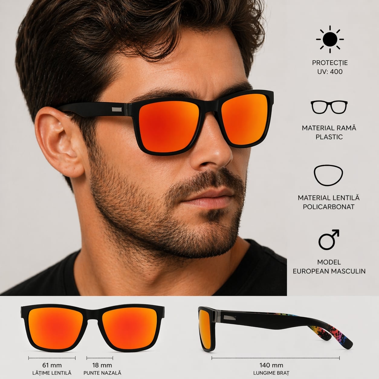 Ochelari de soare unisex, SG027, Negru/Portocaliu - poza 3