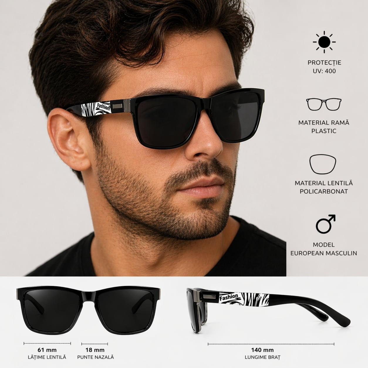 Ochelari de soare unisex, SG029, Negru/Alb - poza 3