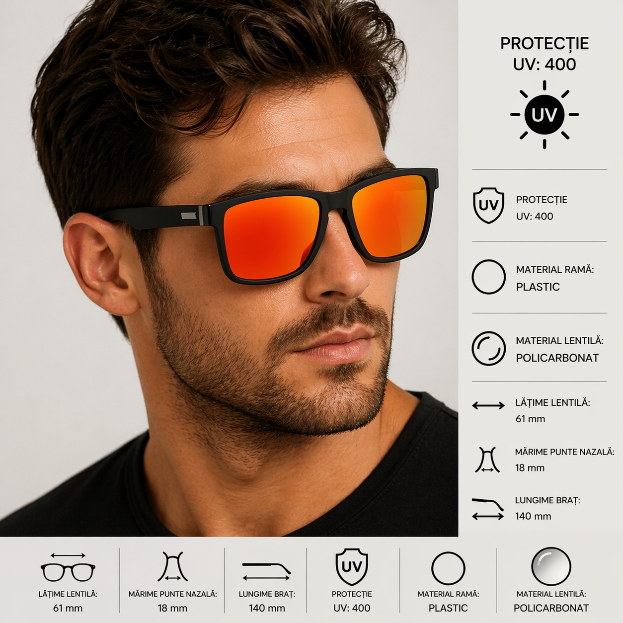 Ochelari de soare unisex, SG032, Negru/Portocaliu - poza 2
