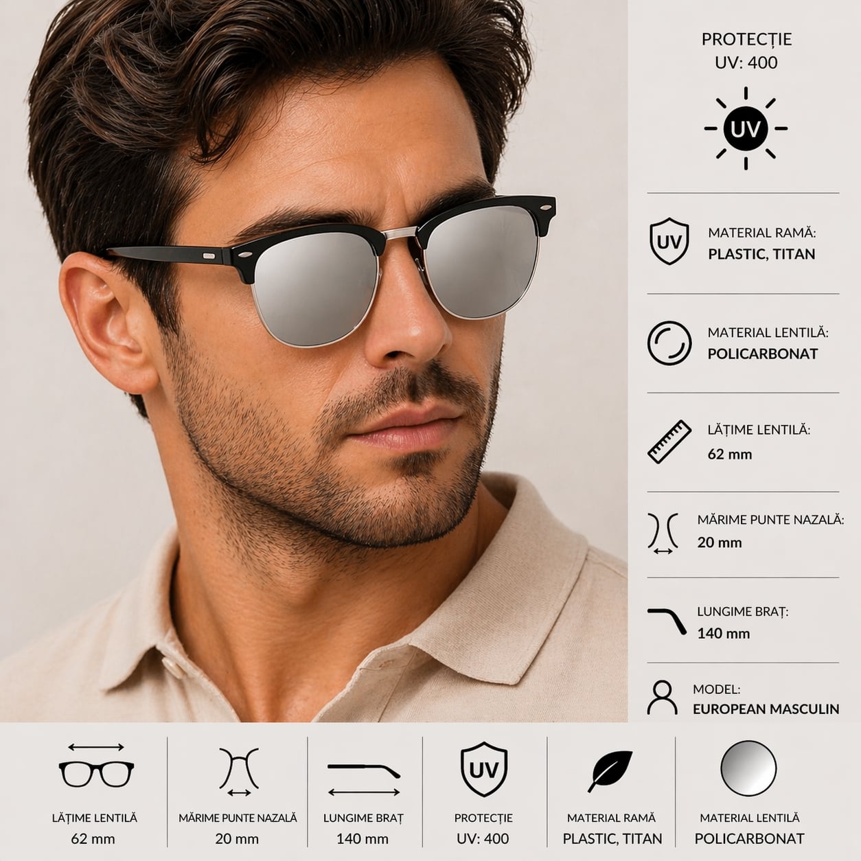 Ochelari de soare unisex, SG056, Negru/Gri - poza 3