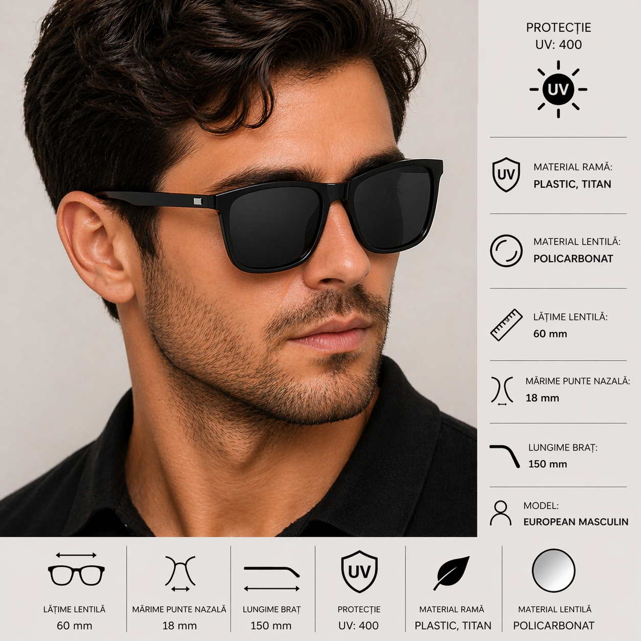 Ochelari de soare unisex, SG057, Negru/Gri inchis - poza 3