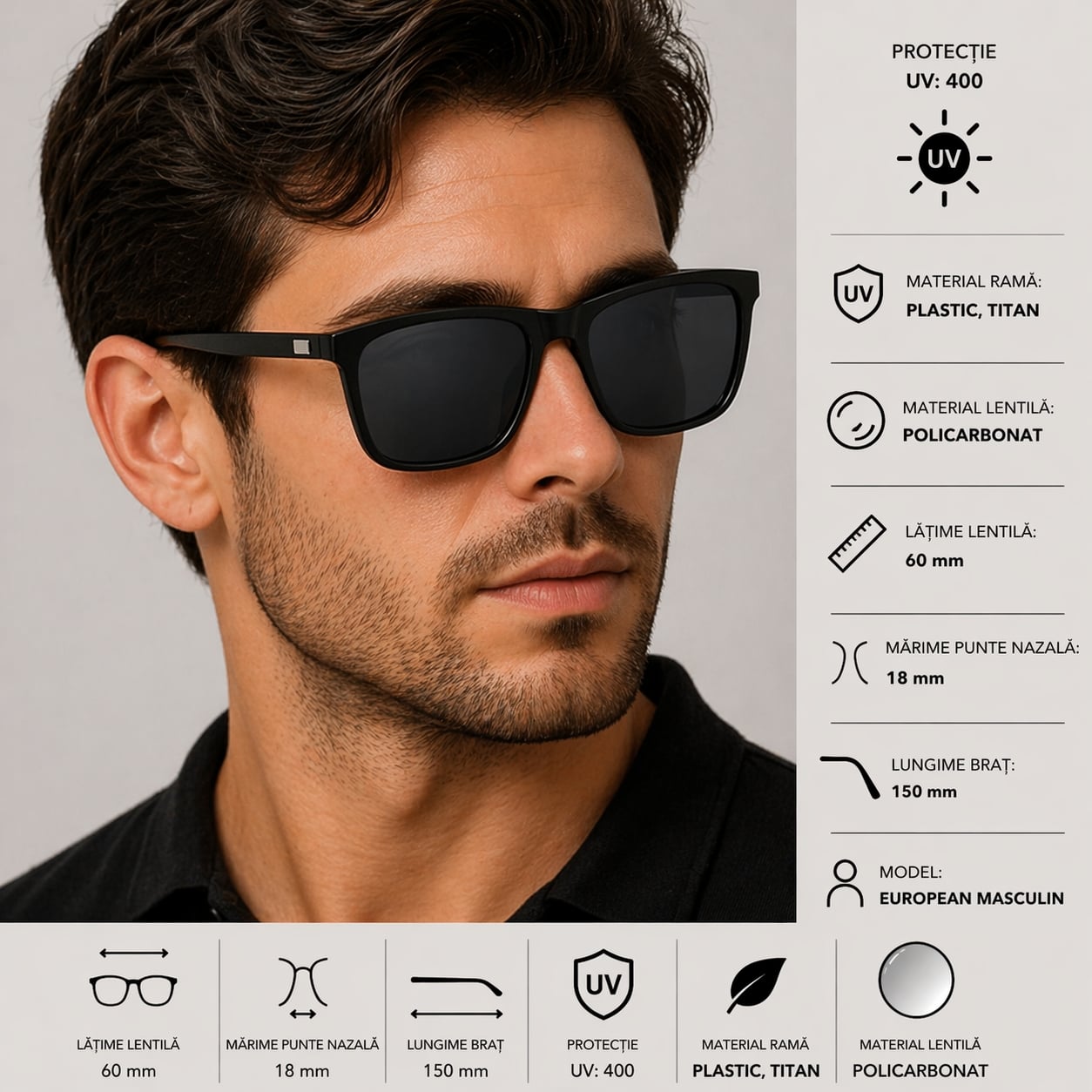 Ochelari de soare unisex, SG060, Negru/Gri inchis - poza 3