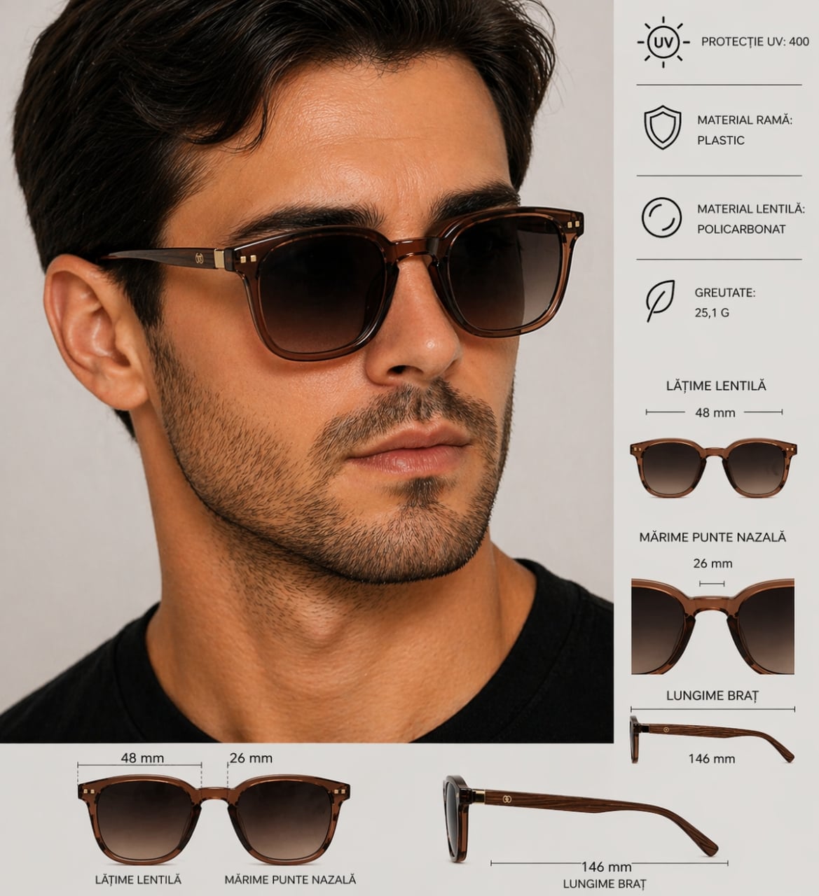 Ochelari de soare unisex, SG123, Maro - poza 3