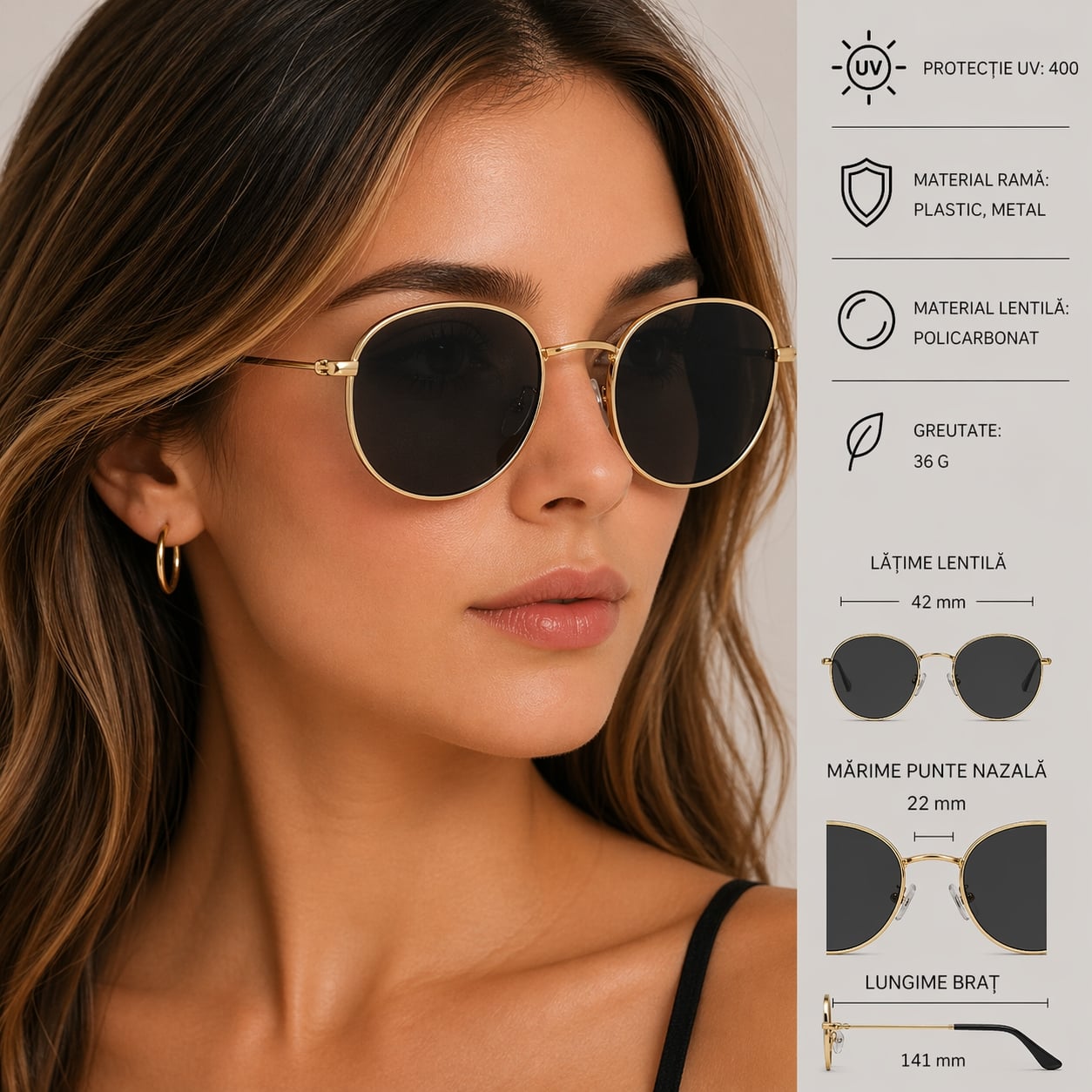 Ochelari de soare unisex, SG136, Negru/Auriu - poza 2