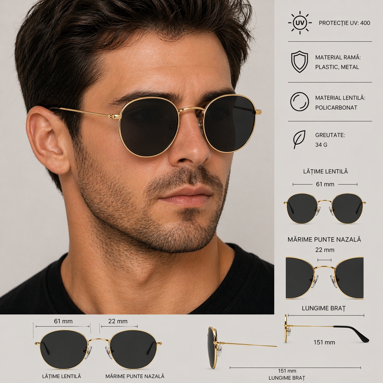 Ochelari de soare unisex, SG136, Negru/Auriu - poza 3