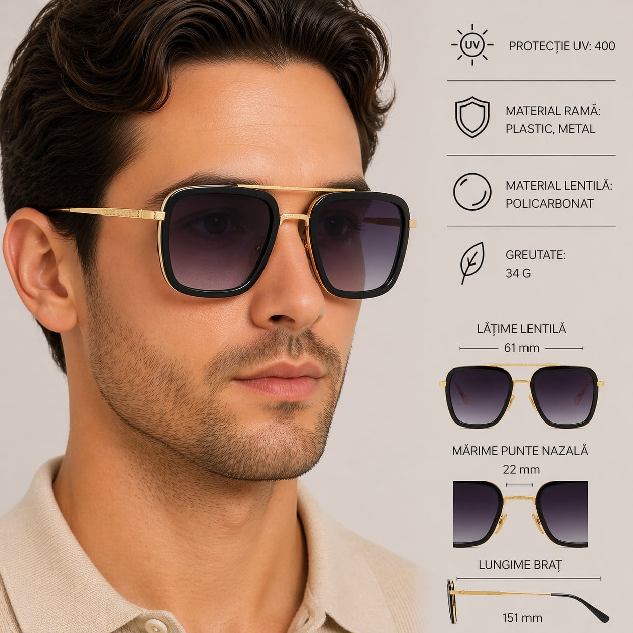 Ochelari de soare unisex, SG165, Gri/Auriu - poza 2