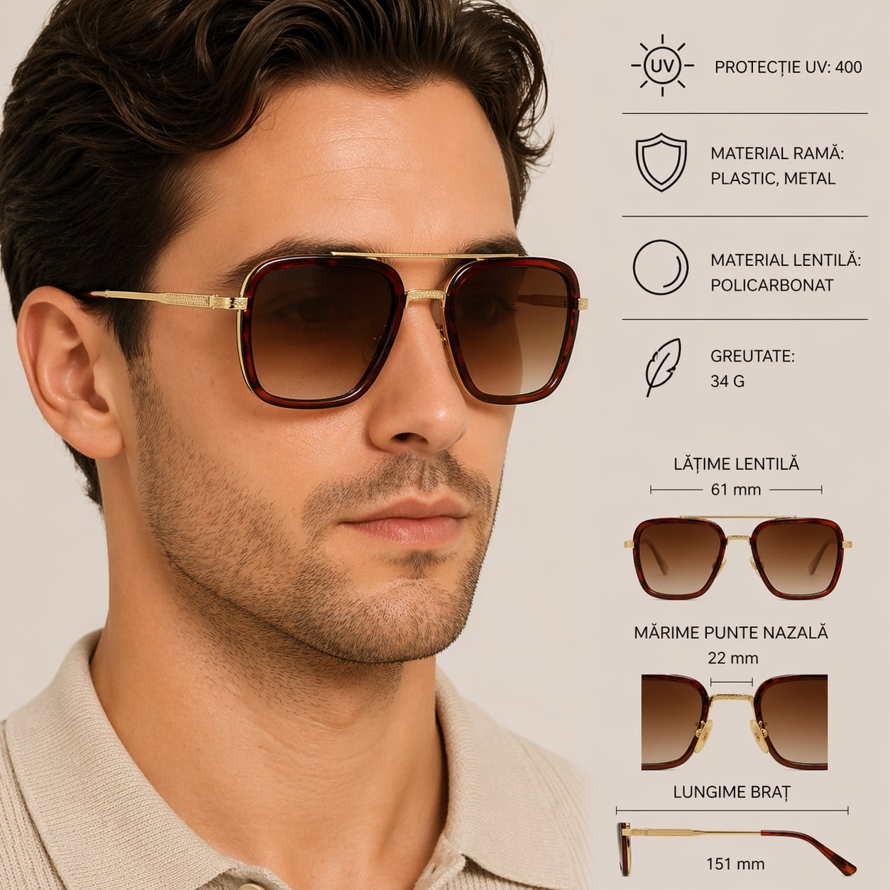 Ochelari de soare unisex, SG167, Maro - poza 2