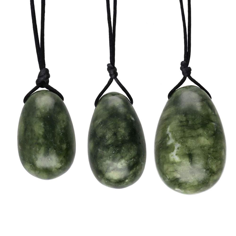 Oua Yoni din jad verde ( cu gaura, snur) - Set 3 bucati ambalat in cutie cadou