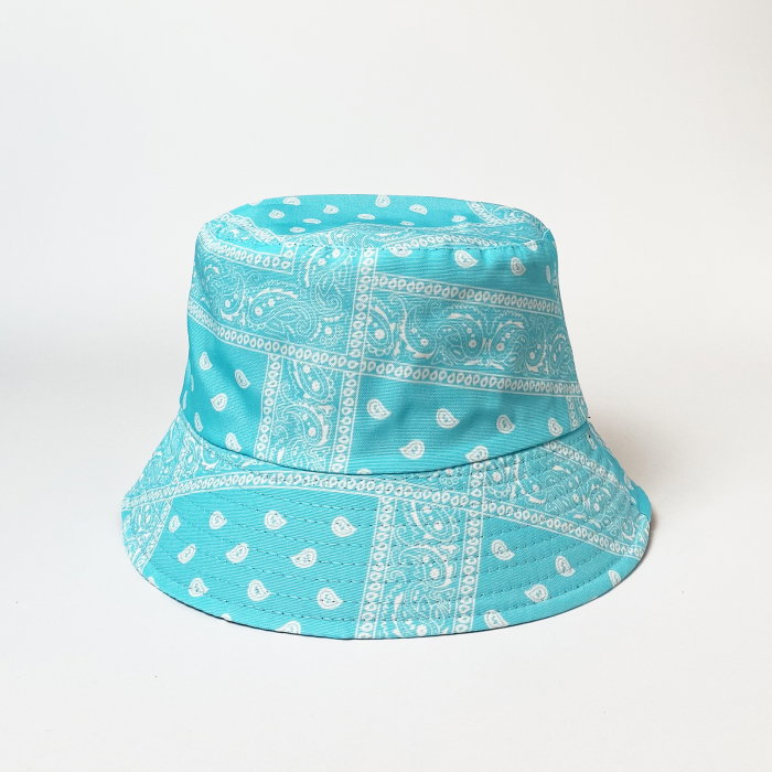 Palarie tip bucket unisex cu doua fete, paisley bleu si negru