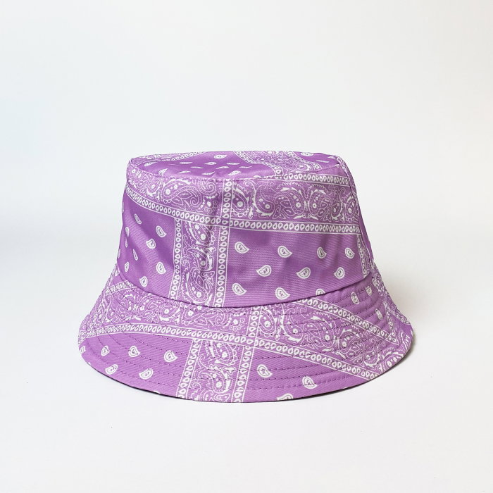 Palarie tip bucket unisex cu doua fete, paisley lila si negru