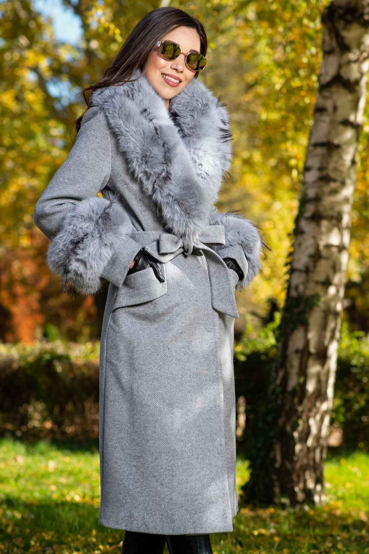 Palton dama gri elegant Fabiola din stofa cu guler din blana