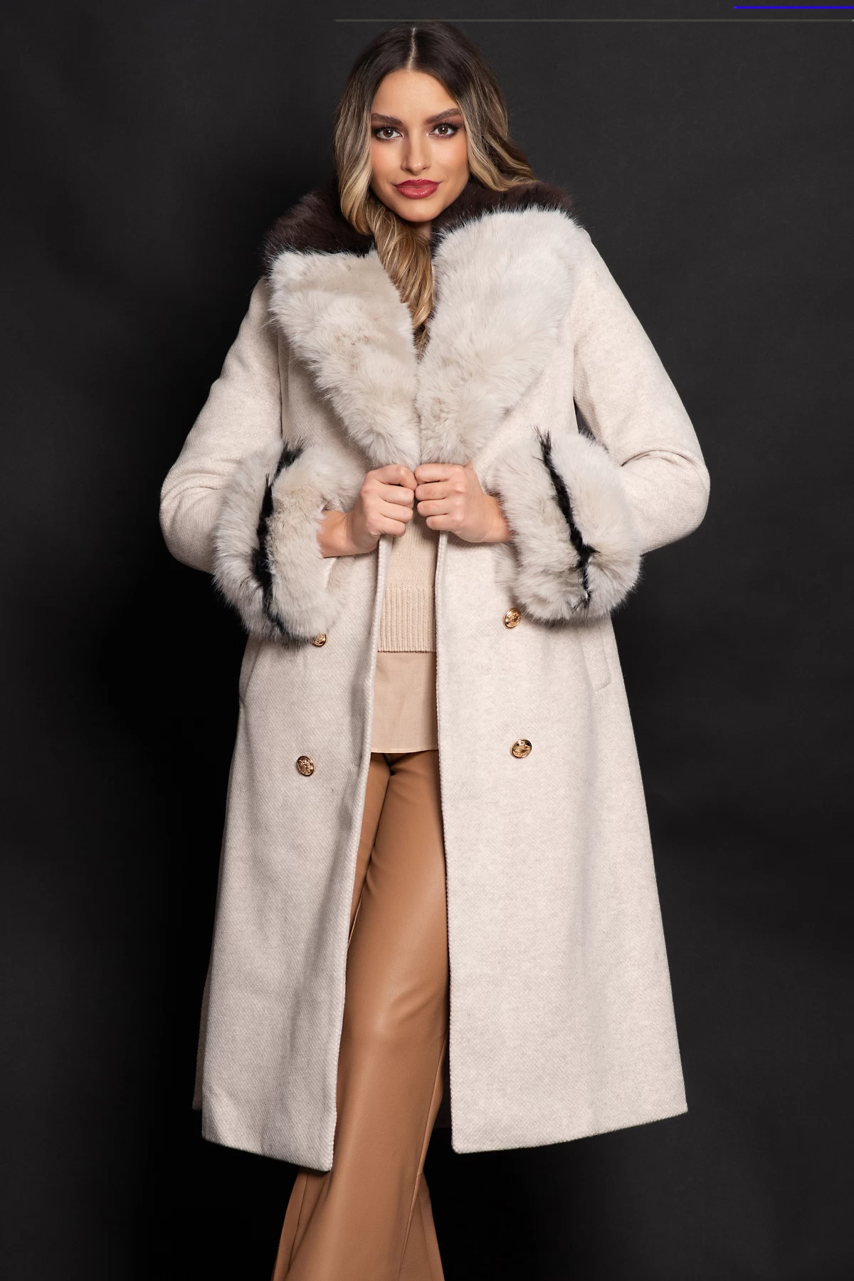 Palton dama lung elegant Aleksandra din stofa bej cu blana eco