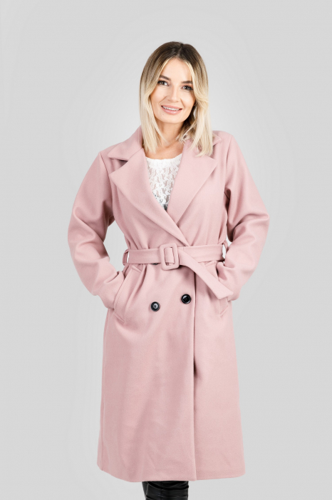 Palton elegant roz cu centura in talie