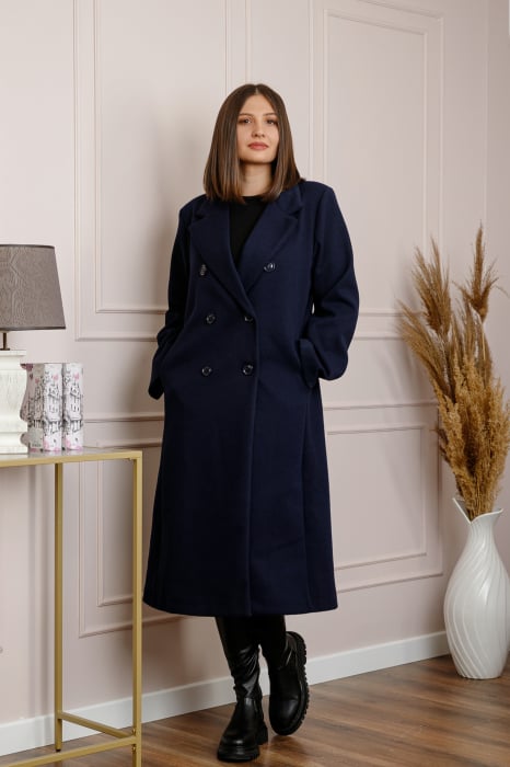 Palton lung dama elegant cu nasturi decorativi - Bleumarin