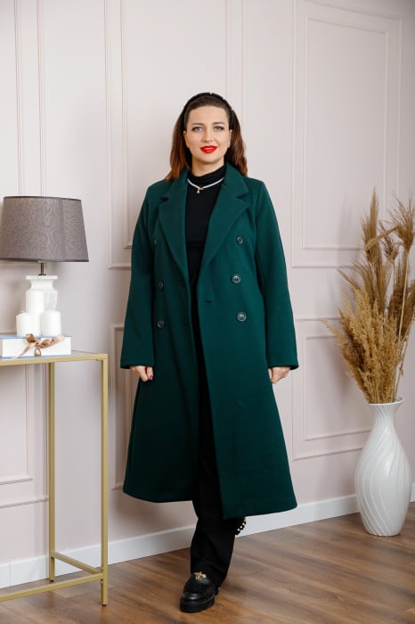 Palton lung dama elegant cu nasturi decorativi - Verde