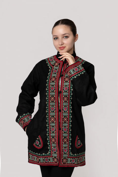 Palton traditional negru cu broderie florala multicolora Felicia