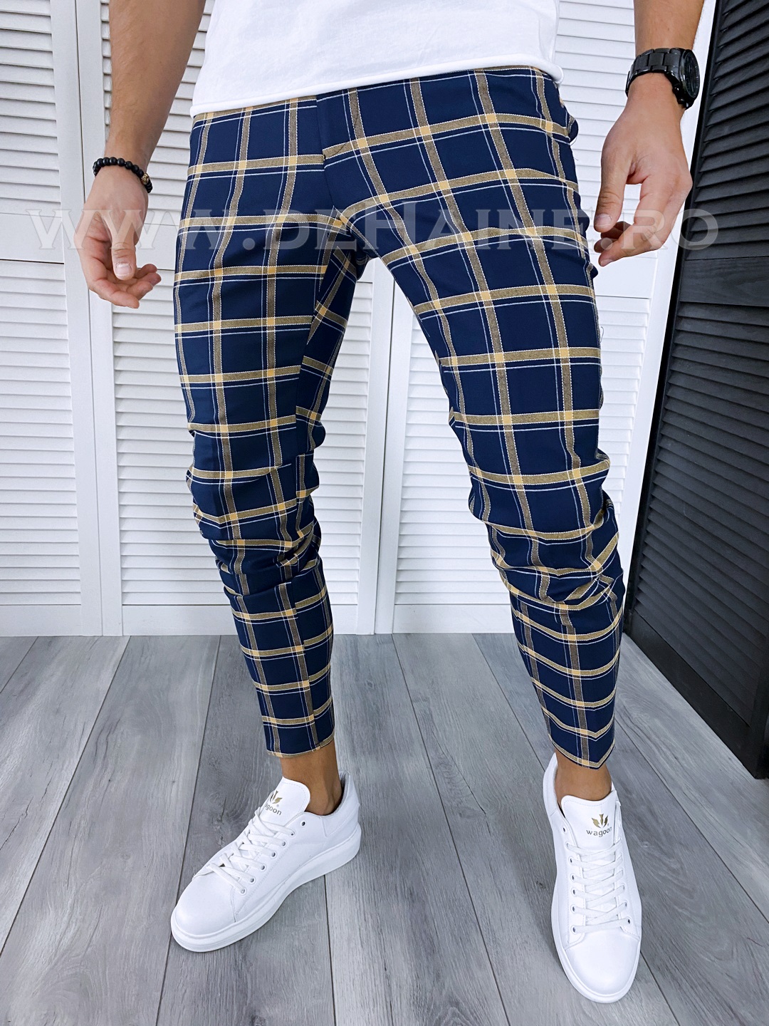 Pantaloni barbati casual regular fit bleumarin in carouri B1861 34-2
