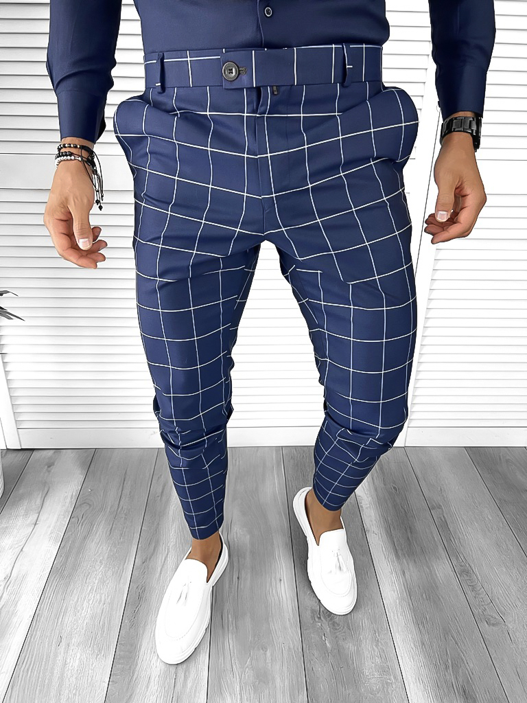 Pantaloni barbati casual regular fit bleumarin in carouri B7880 F1-2.2