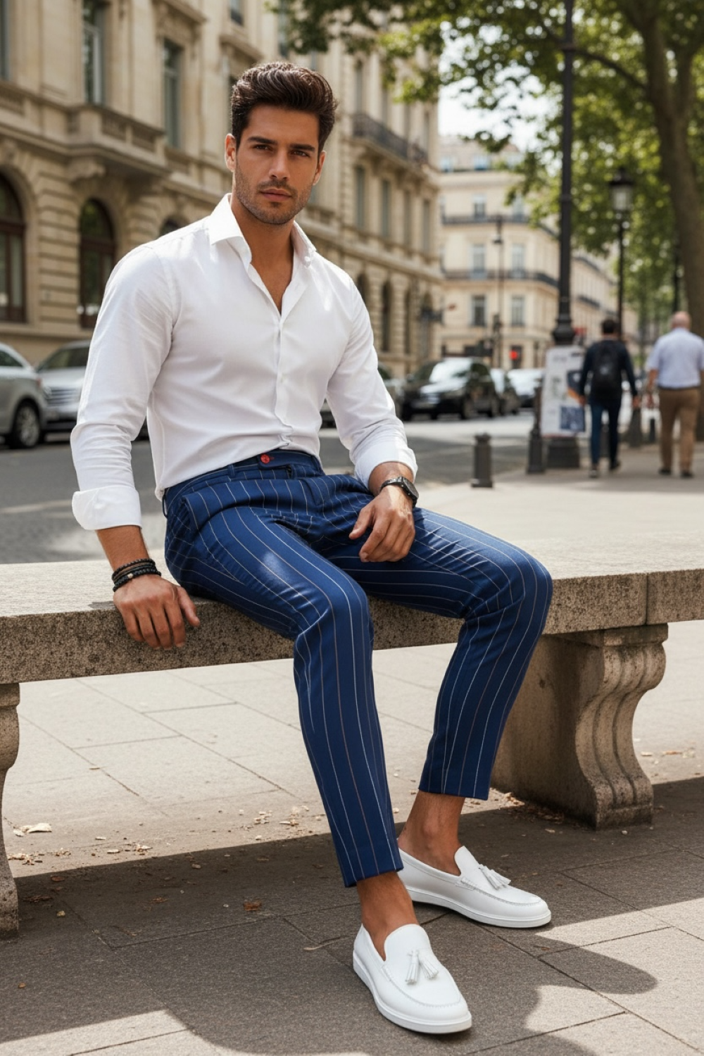 Pantaloni barbati casual regular fit bleumarin in dungi B7871 S3-1