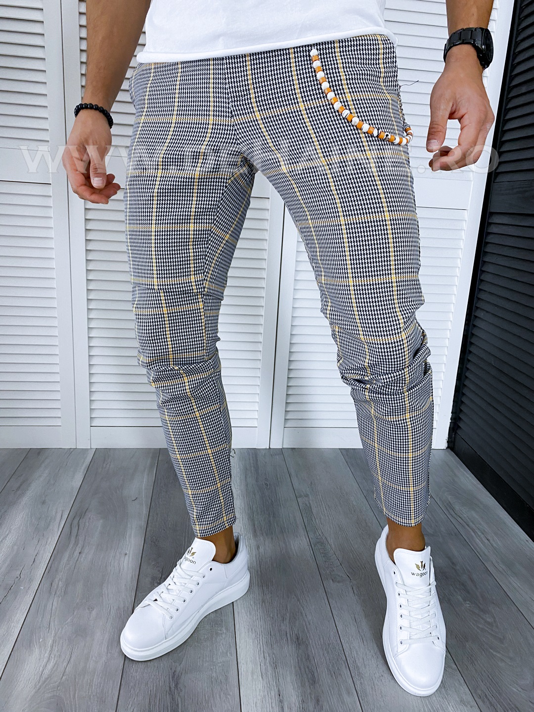 Pantaloni barbati casual regular fit gri in carouri B1703 O2-3.2