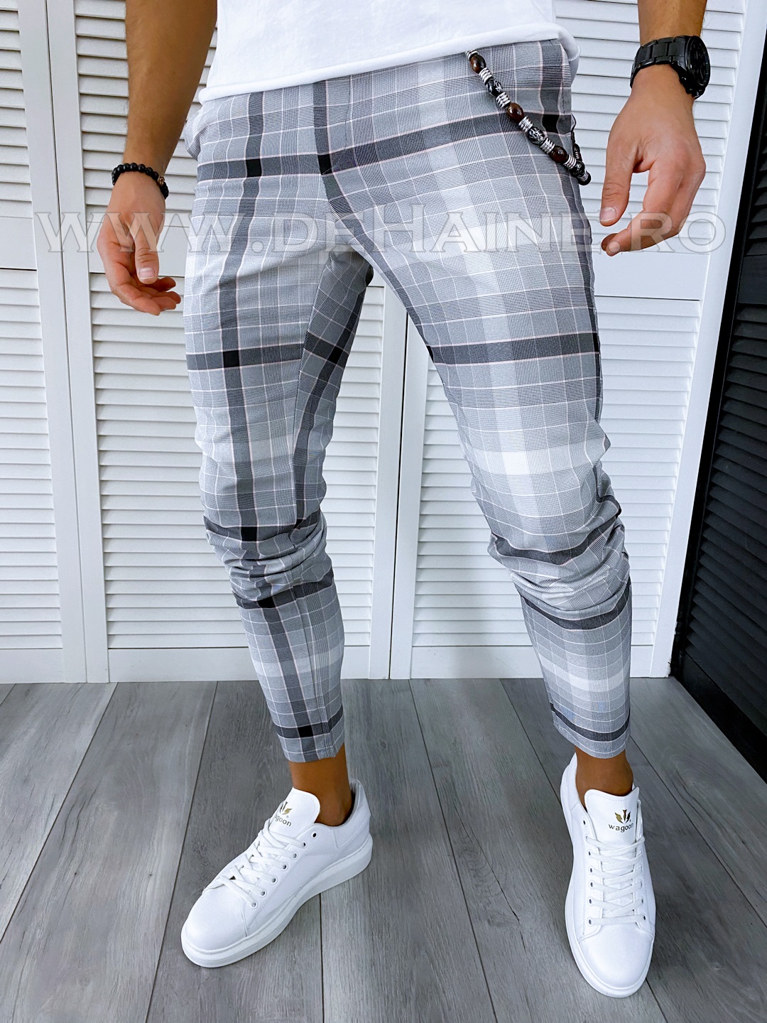 Pantaloni barbati casual regular fit gri in carouri B1898 F2-5.1